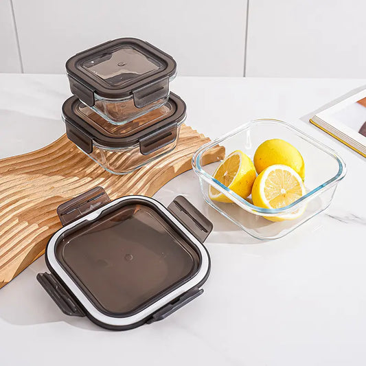 Phoenix square glass food container - 4-clip locking lid for airtight leak-proof seal