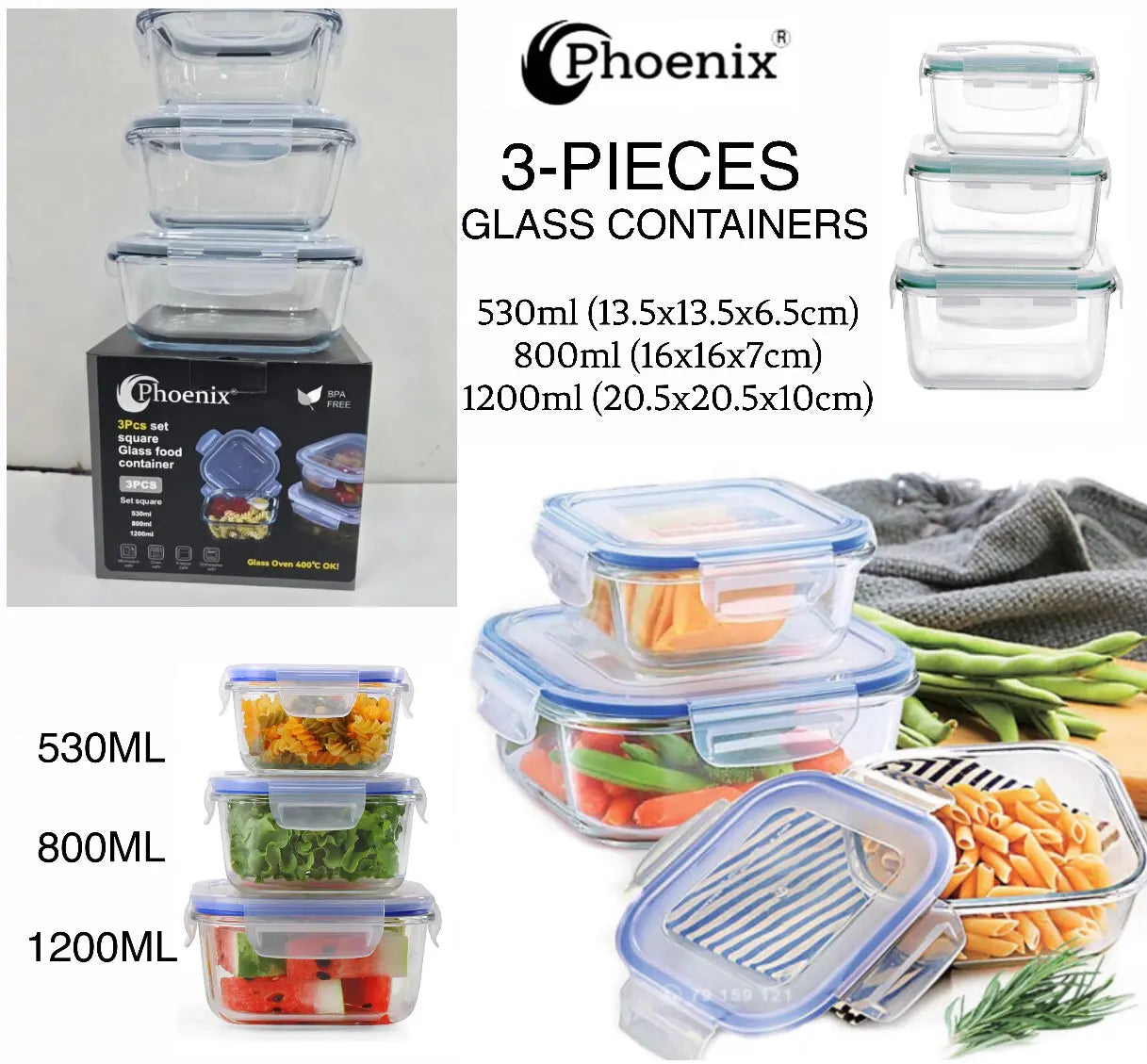 Phoenix glass food container - microwave safe, oven safe, freezer safe and dishwasher safe