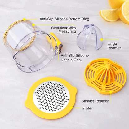 4-in-1 Manual Juicer components - anti-slip base ring, measuring container, large reamer, small reamer, grater