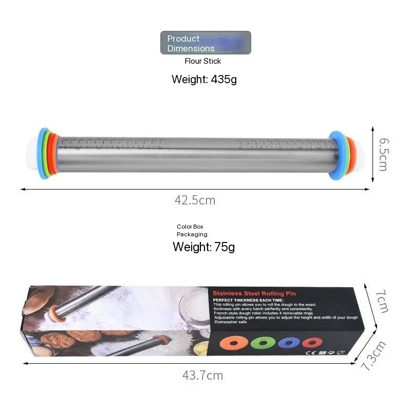 Adjustable Rolling Pin with Thickness Rings Measurement