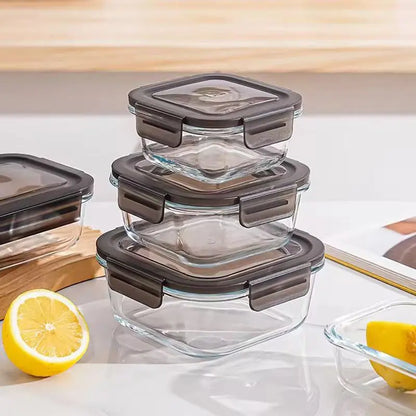 Phoenix 3 Pcs Square Glass Food Container set - stackable airtight glass containers with locking lids
