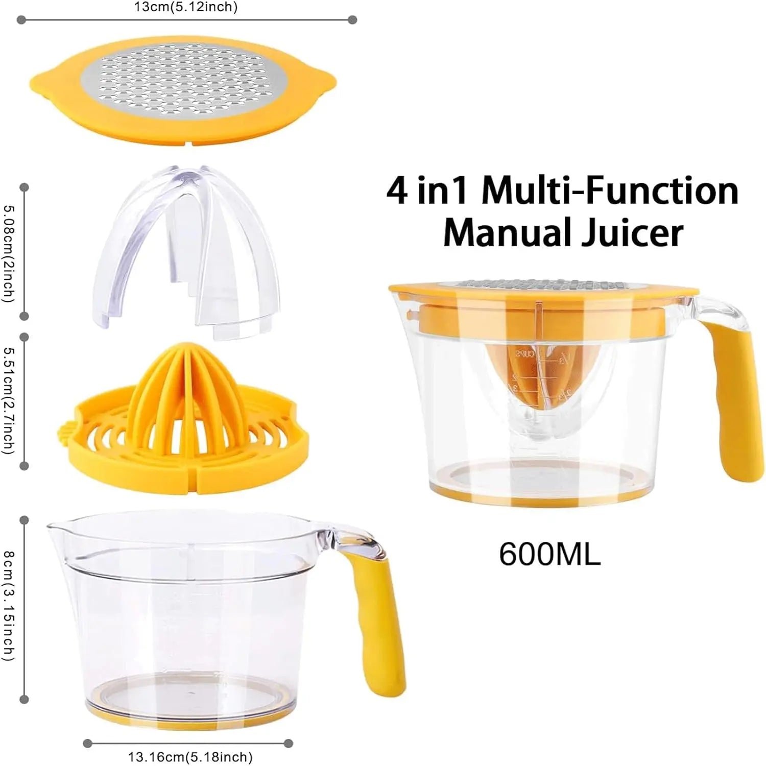 4-in-1 Manual Juicer size guide - 600ml capacity, 13cm dimensions