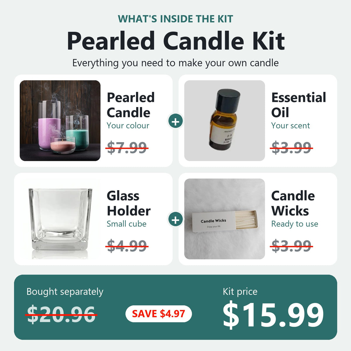 Pearled Candle Kit - what's inside: pearled candle, essential oil, glass holder and wicks, $15.99 instead of $20.96