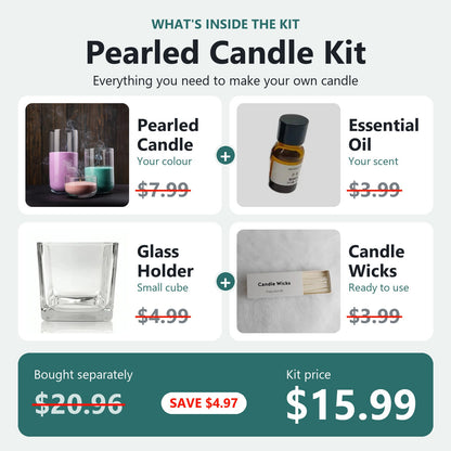 Pearled Candle Kit - what's inside: pearled candle, essential oil, glass holder and wicks, $15.99 instead of $20.96